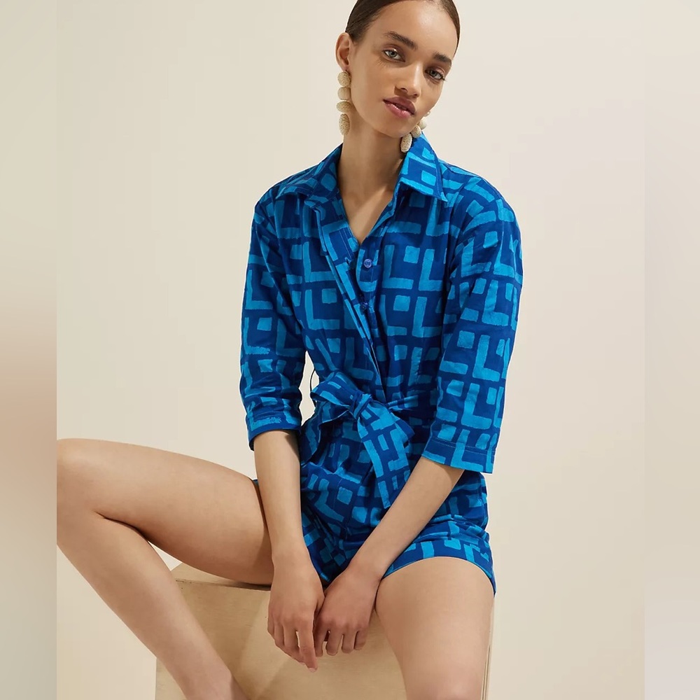 NWT Sika x Anthropologie Blue Geometric Print Short Romper Jumpsuit Size 8